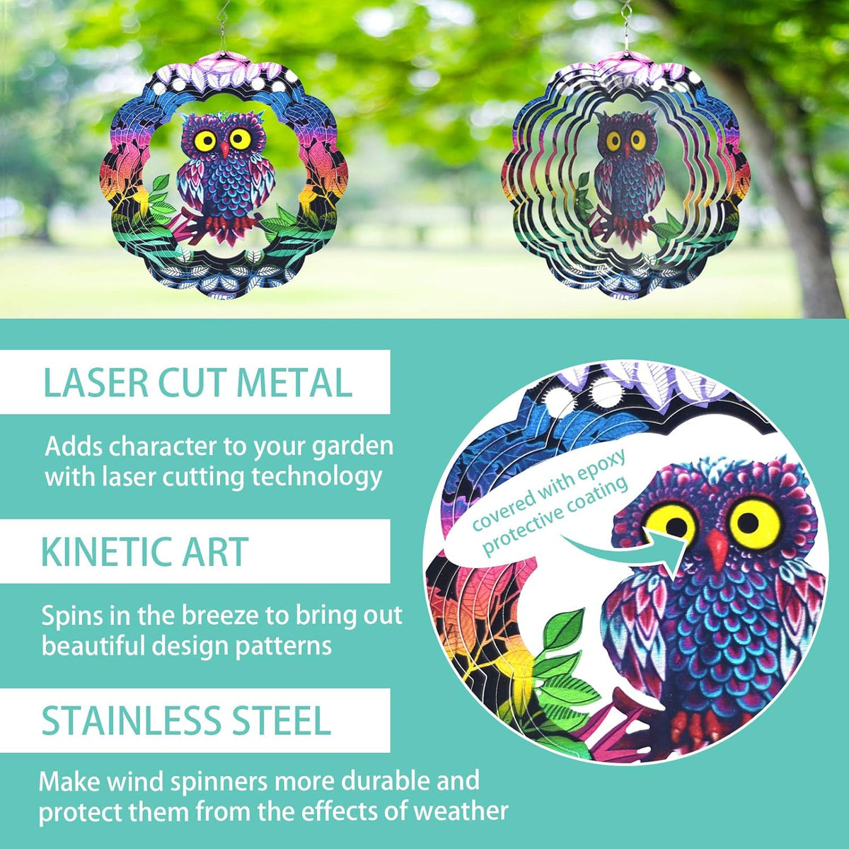Wind Spinner Yard Art Garden Decor 3D Stainless Steel Metal Sculptures Owl Kinetic Hanging Whirligig Decorations Backyard Outside Indoor Outdoor Patio and Lawn Ornaments Clearance Sun Catcher Windmill