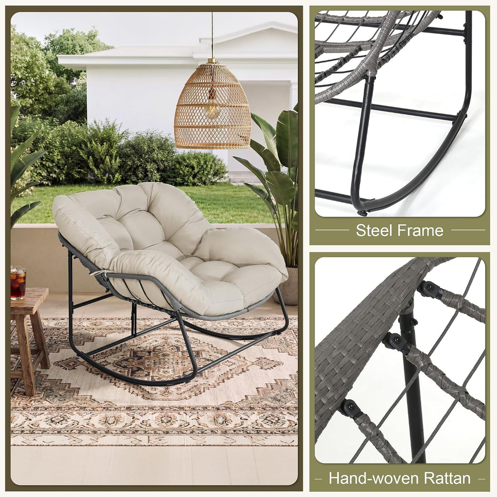 Bifanuo Oversized Egg Rocking Chair for Indoor Outdoor – All-Weather Wicker Rattan Lounge Chair with Cushion Patio Rocker for Porch Garden or Balcony (Beige)