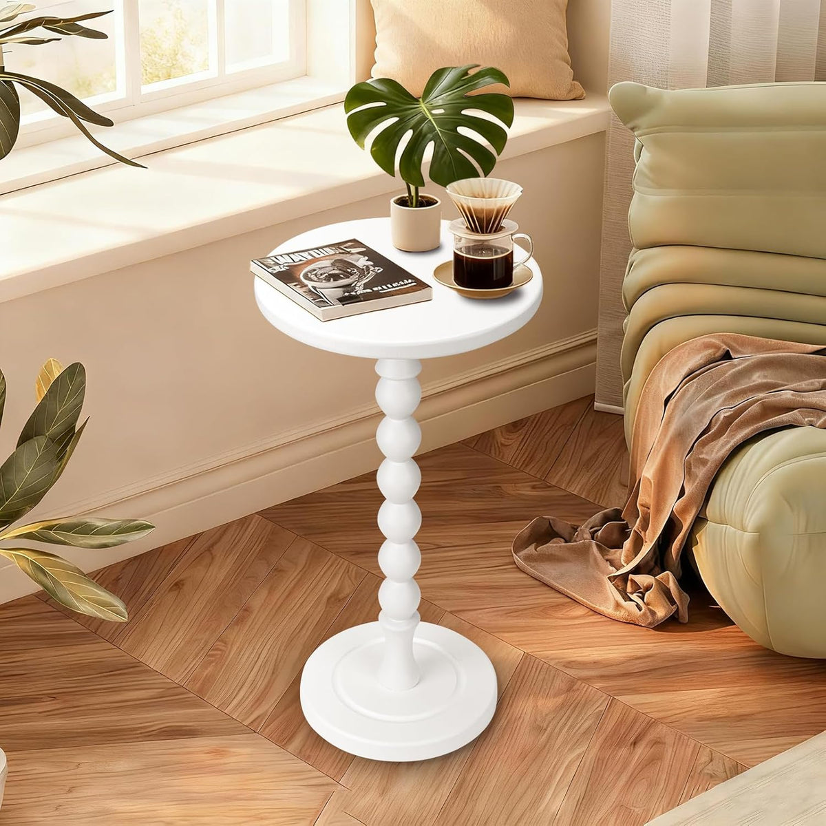 Round Side Table for Small Spaces, Drink Table with Oak Wood Pedestal, Modern End Table Nightstand for Living Room, Bedroom, Office, and Corners, Tool-Free Assembly, White