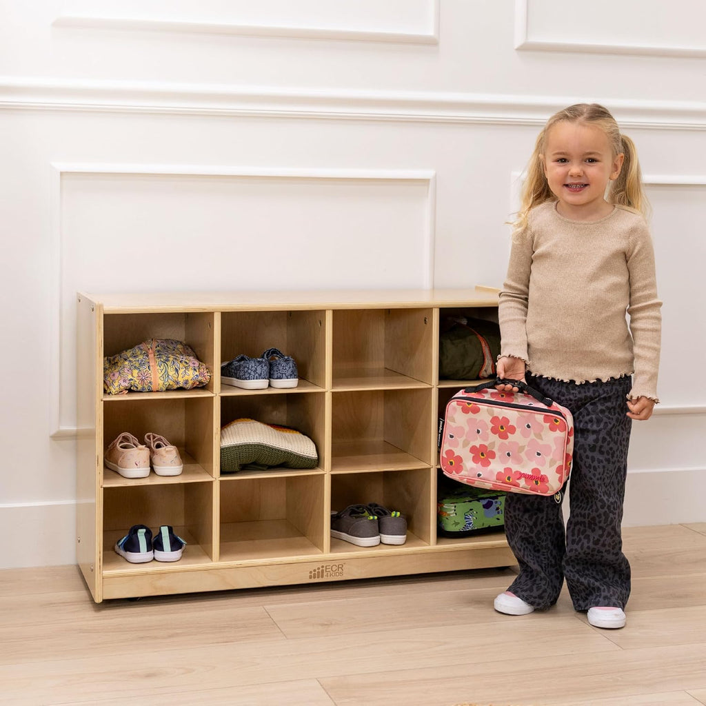 ECR4Kids 12 Cubby Mobile Tray Storage Cabinet, 3x4, Classroom Furniture, Natural | Durable birch, GREENGUARD Gold Certified, 12 cubbies with 4 casters for mobility, organize supplies in a classroom or home