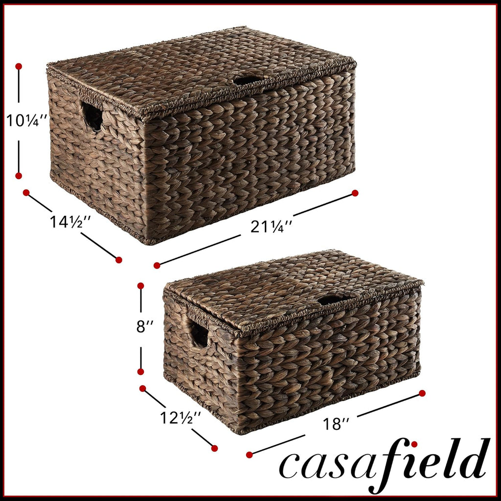 Casafield Set of 2 Water Hyacinth Rectangular Storage Baskets with Lids (Espresso - Medium/Large) for Bedroom, Bathroom, Laundry, Home Office