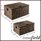 Casafield Set of 2 Water Hyacinth Rectangular Storage Baskets with Lids (Espresso - Medium/Large) for Bedroom, Bathroom, Laundry, Home Office