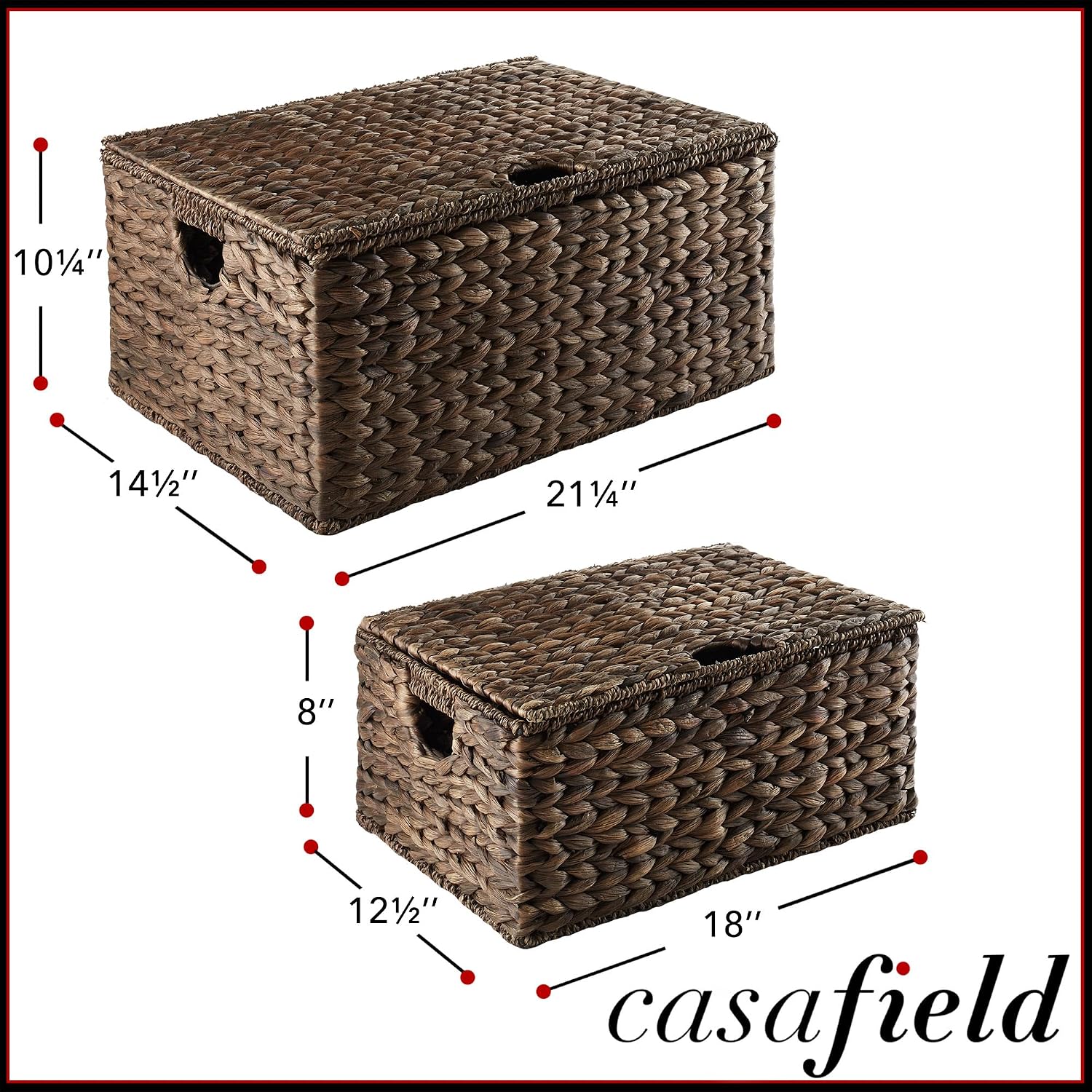 Casafield Set of 2 Water Hyacinth Rectangular Storage Baskets with Lids (Espresso - Medium/Large) for Bedroom, Bathroom, Laundry, Home Office