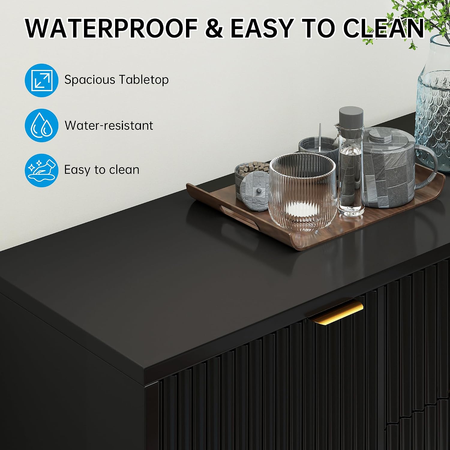 Fluted Sideboard Buffet Cabinet, Modern 47" Buffet Table with Storage, 2 Doors 3 Drawers and Adjustable Shelf, Coffee Bar Cabinet Credenza for Kitchen, Dining Room, Living Room, Black