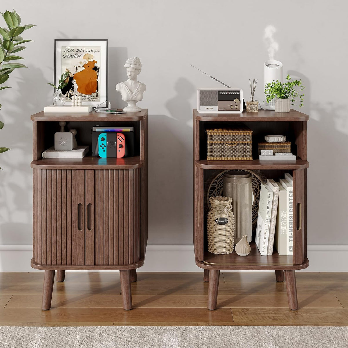 Whalefall Night Stand Set of 2 with Charging Station, Mid Century Modern Fluted End Tables with Cabinet for Living Room, Curved Round Edge Wood Beside Table with Slide Tambour Doors, Walnut