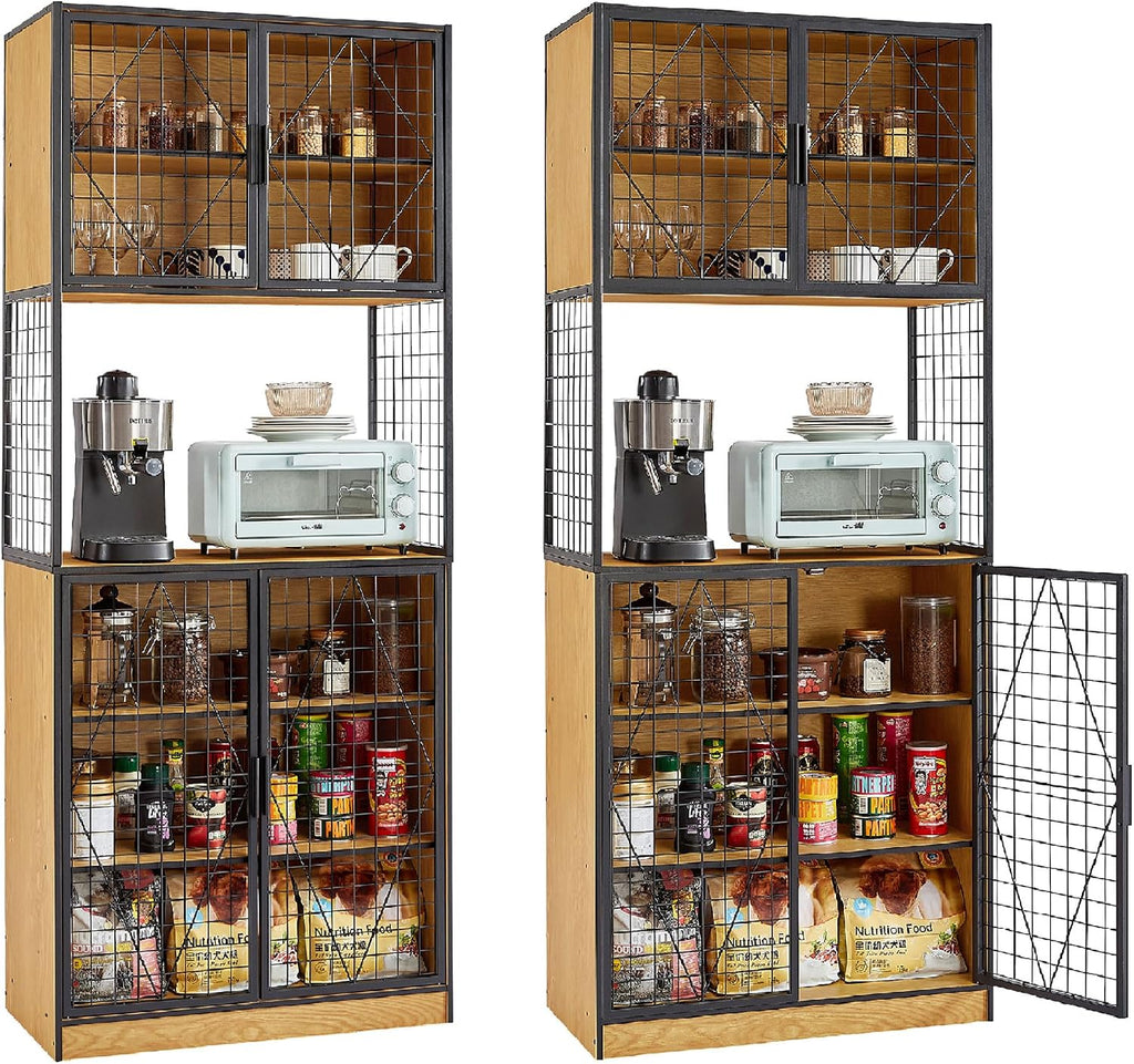 VECELO 72in Tall Kitchen Pantry Cabinet Set of 2 with Doors and Shelves, Large Freestanding Storage Cupboard with Countertop Hutch, Oak