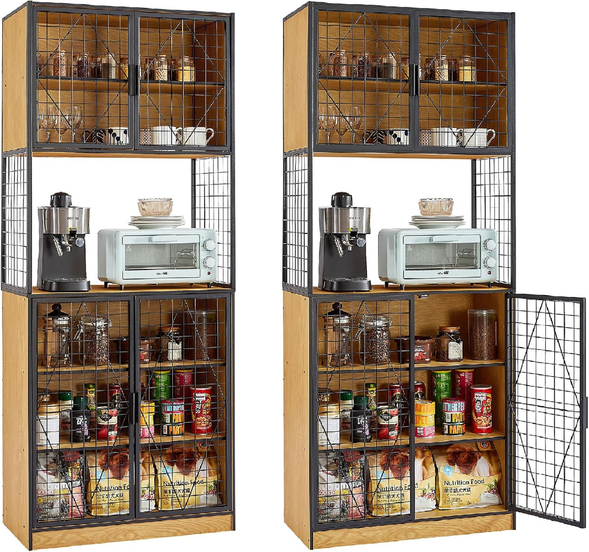 VECELO 72in Tall Kitchen Pantry Cabinet Set of 2 with Doors and Shelves, Large Freestanding Storage Cupboard with Countertop Hutch, Oak
