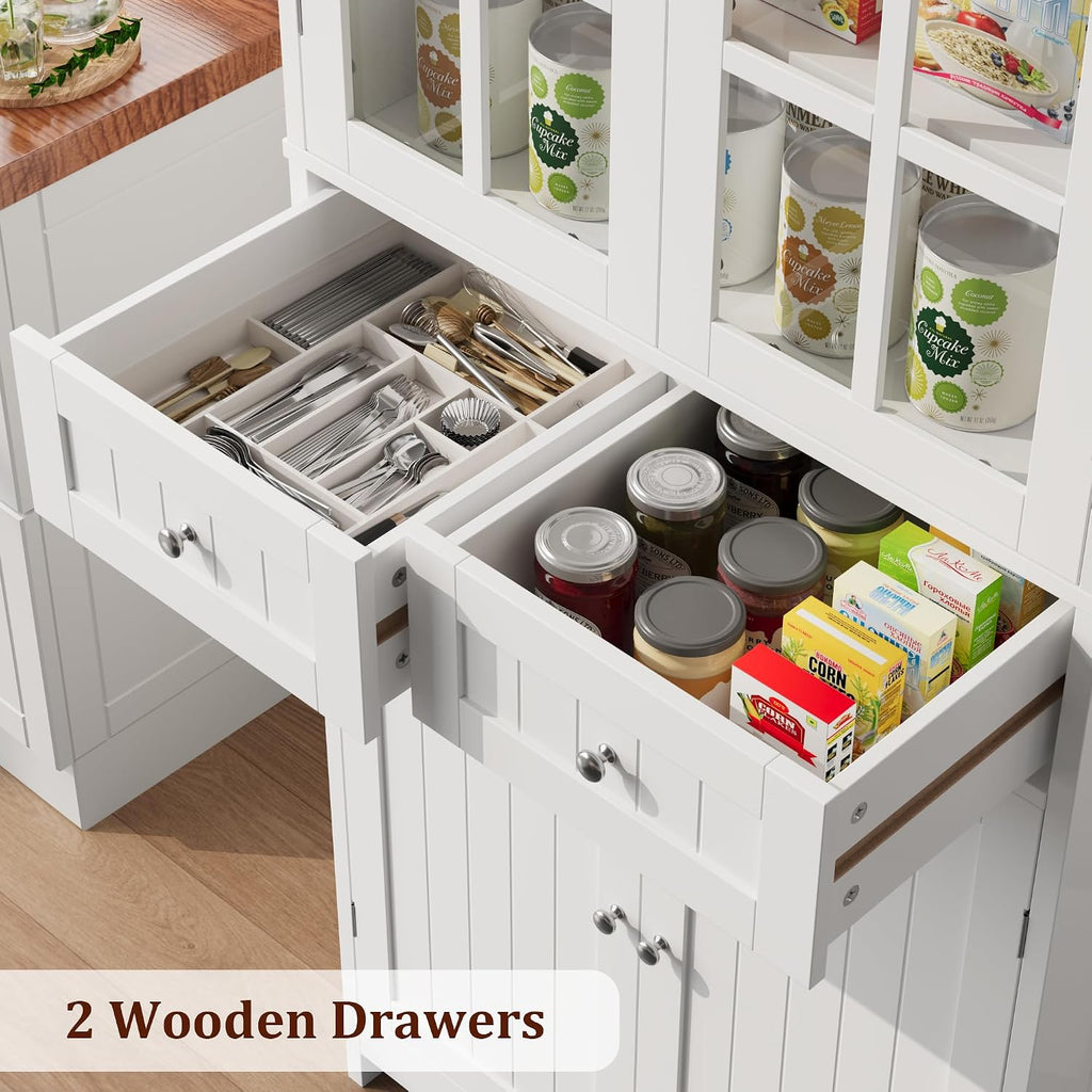BOTLOG 71" Tall Kitchen Pantry Storage Cabinet, Pantry Cabinet with Drawers and Glass Doors, Freestanding Kitchen Cupboard for Dining Room, Laundry, White
