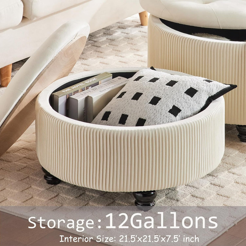 24Inch White Round Storage Ottoman, Upholstered Coffee Table | Modern Tufted Fabric Circle Storage Coffee Table with Removable Lid, Upholstered Storage Ottoman with Tray for Living Room