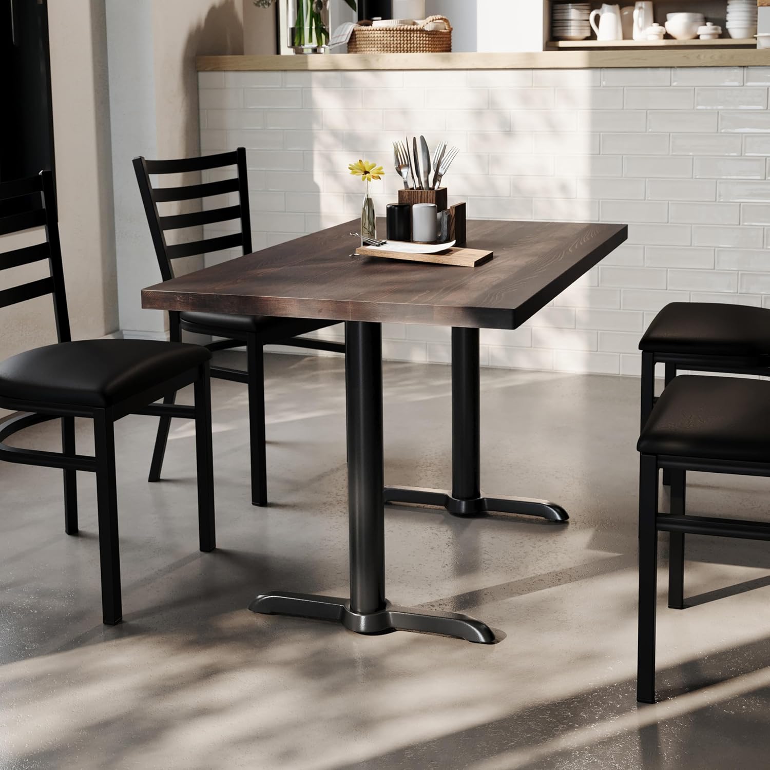 Flash Furniture Bennett 30" x 48" Solid Wood Commercial Indoor Tabletop in Dark Brown with Dual 5" x 22" Dining Height Black Cast Iron T Bases, 400 lb. Static Capacity