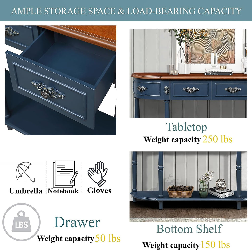P PURLOVE Curved Console Table with 2 Drawers, Retro Sofa Table with Solid Wood Frame and Legs, Half Moon Entry Table for Home Kitchen Entryway (Navy Blue)