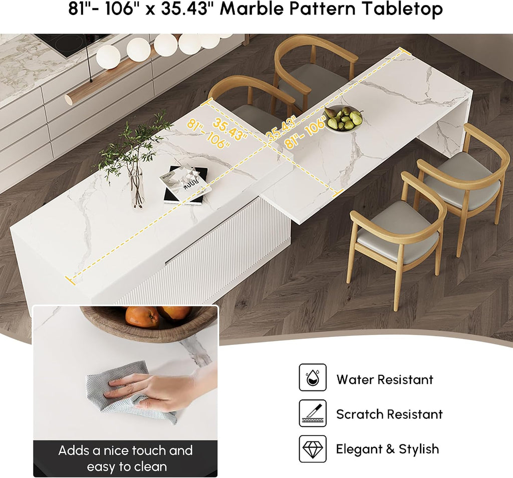 homary Extendable Kitchen Island with Storage 81"-106", White, Wood Top, Stationary Large Kitchen Cabinet with 3 Drawers, Adjustable Shelves & Pull-Out Kitchen Tables for Dining Room