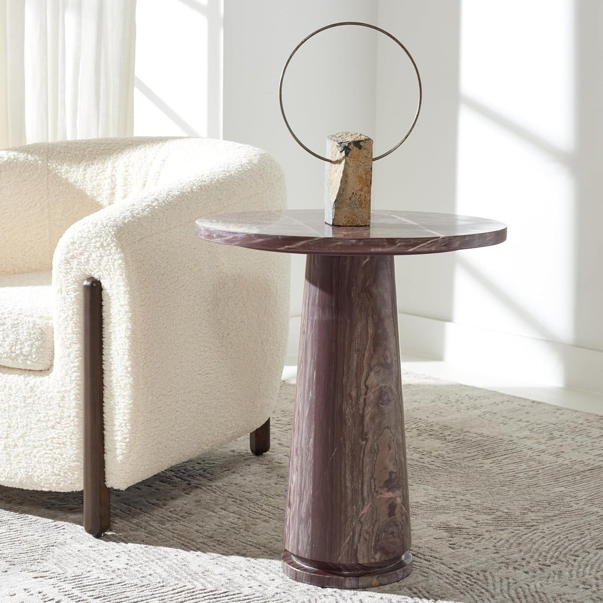 SAFAVIEH Furniture - Valentia Tall Marble Accent Table - Maroon - Marble Top - Glam Stone Pedestal Design - Ideal for Living Room, Entryway, Dining Room, 20.5" W x 20.5" D x 23.5" H (SFV9703E)