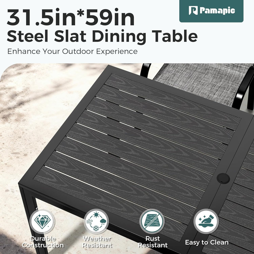 Pamapic Outdoor Dining Sets for 6, Rectangular Steel Slat Table with 6 Textilene Chairs, 7 Piece Patio Table and Chairs Set with Umbrella Hole for Patio, Backyard, Poolside (Grey, No Umbrella)