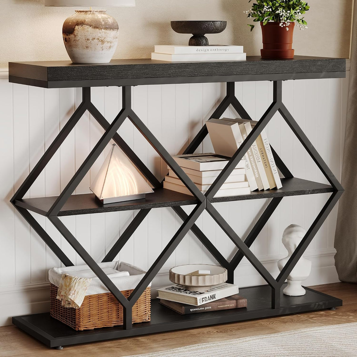 Garvee 3 Tier Console Table with Open Wood Shelves,39" Industrial Entryway Table,Sofa Table,Narrow Wood Accent Tables with Metal Frame for Hallway,Living Room,Behind Couch,Foyer,Entrance,Black