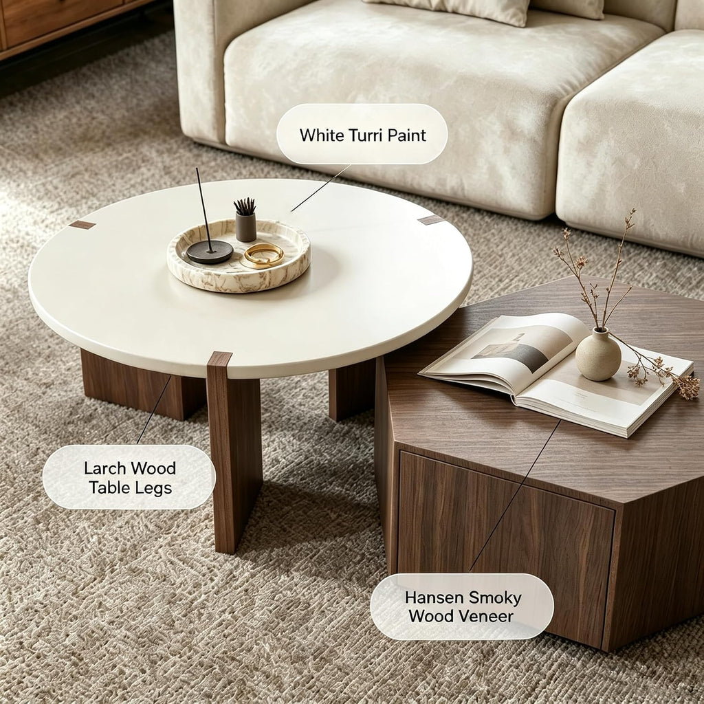 Round Nesting Coffee Table for Living Room, Hexagonal Side Table Set | White Lacquer Finish Center Tabletop | Pine Veneer End Table | Set of 2 | Living Room Decor | Stackable Design | Space-Saving