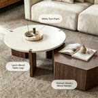 Round Nesting Coffee Table for Living Room, Hexagonal Side Table Set | White Lacquer Finish Center Tabletop | Pine Veneer End Table | Set of 2 | Living Room Decor | Stackable Design | Space-Saving