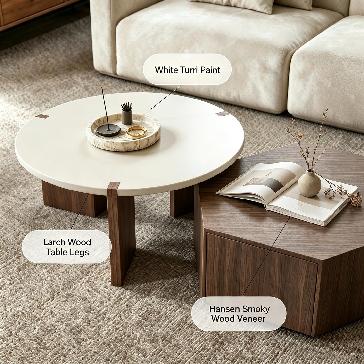 Round Nesting Coffee Table for Living Room, Hexagonal Side Table Set | White Lacquer Finish Center Tabletop | Pine Veneer End Table | Set of 2 | Living Room Decor | Stackable Design | Space-Saving