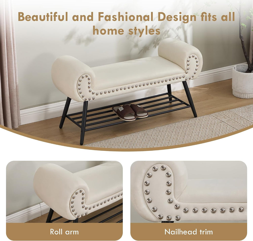 End of Bed Bench with Shoe Shelf, 45" Modern Velvet Upholstered Bedroom Bench with Rolled Arms and Metal Frame for Entryway, Living Room, Hallway, Foyer, 300 lbs, Cream