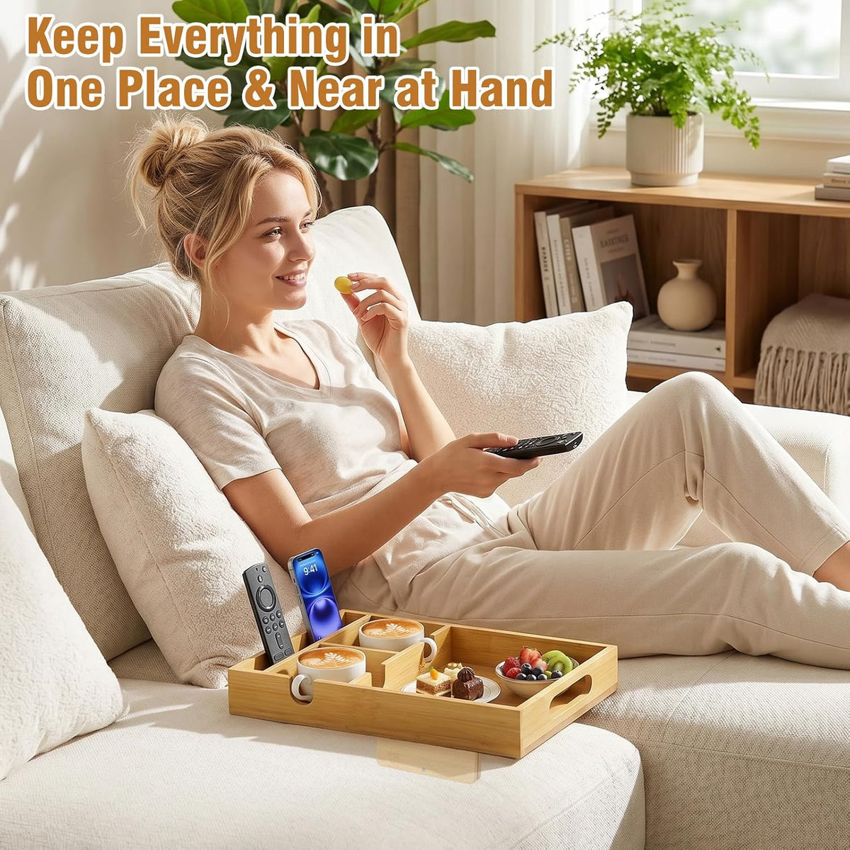 Couch Tray Insert for Middle Seat, Couch Table with 2 Cup Holders | Fits Armless Sofa & Sectionals, Sofa Armrest Organizer for Snacks, Drinks, Remotes, Phones, Bamboo