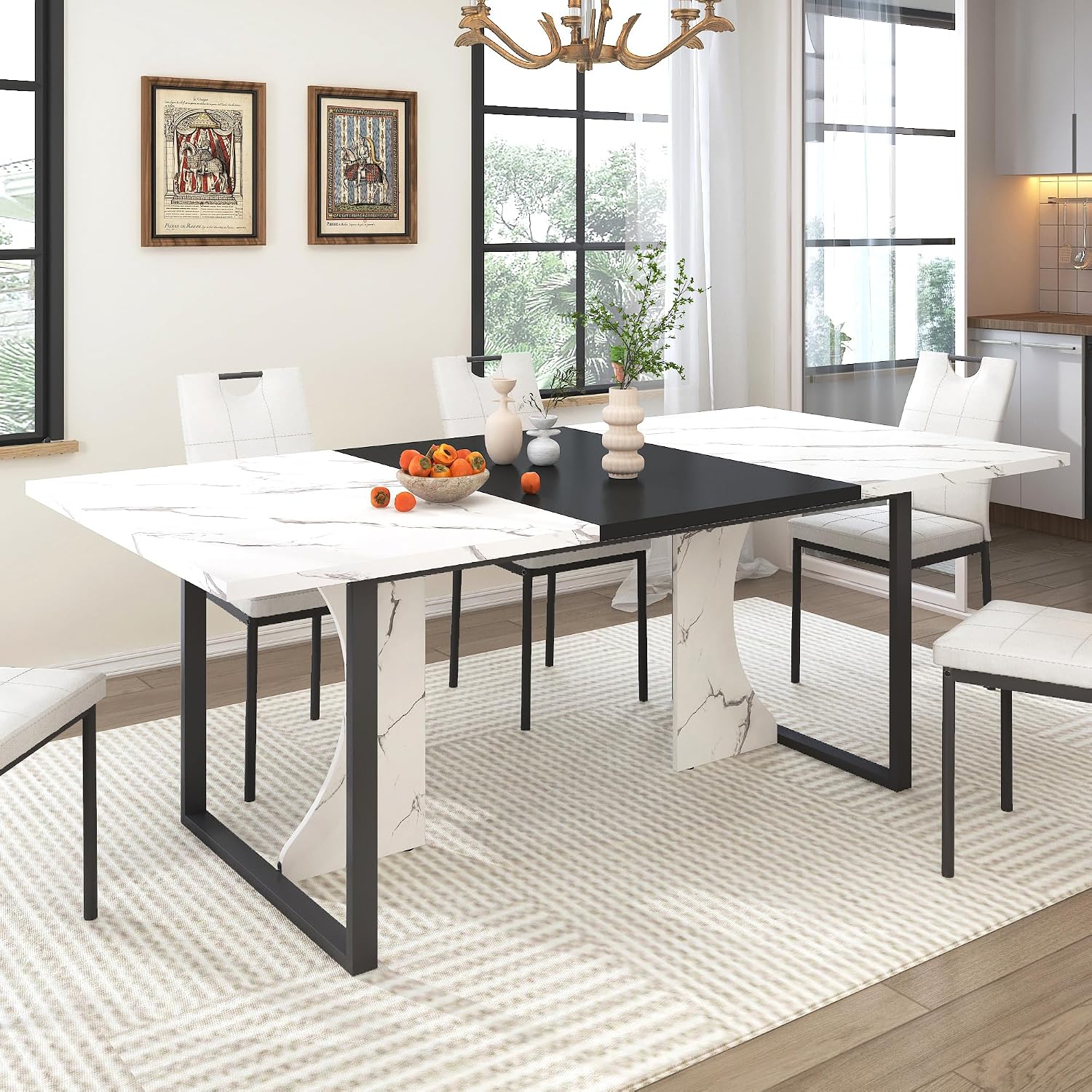 chartustriable 7PCS Dining Table Set with 6 Chairs for 4 5 6 People, 71" Large Wooden Kitchen Table Sets with 6 Upholstered Chairs,6-Person Kitchen Table & Chairs Set for Dining Room Kitchen(White)