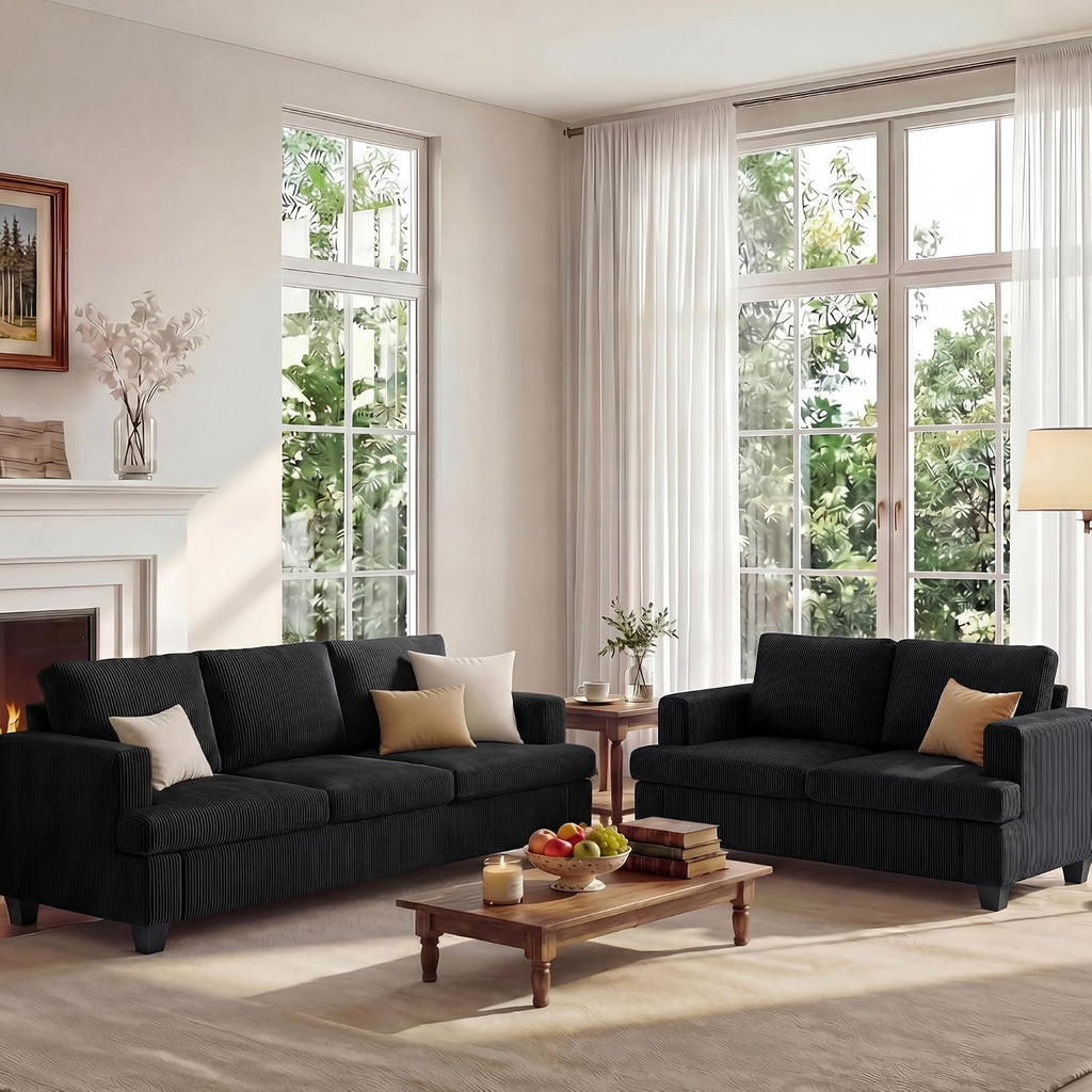 Apicizon Loveseat & 3 Seater Sofa Sets, 89" Couch Sofa Set for Living Room Furniture, 2 Piece Modern Sleeper Sofa with Deep Seat Cloud Couch for Apartment Lounge, Black Corduroy