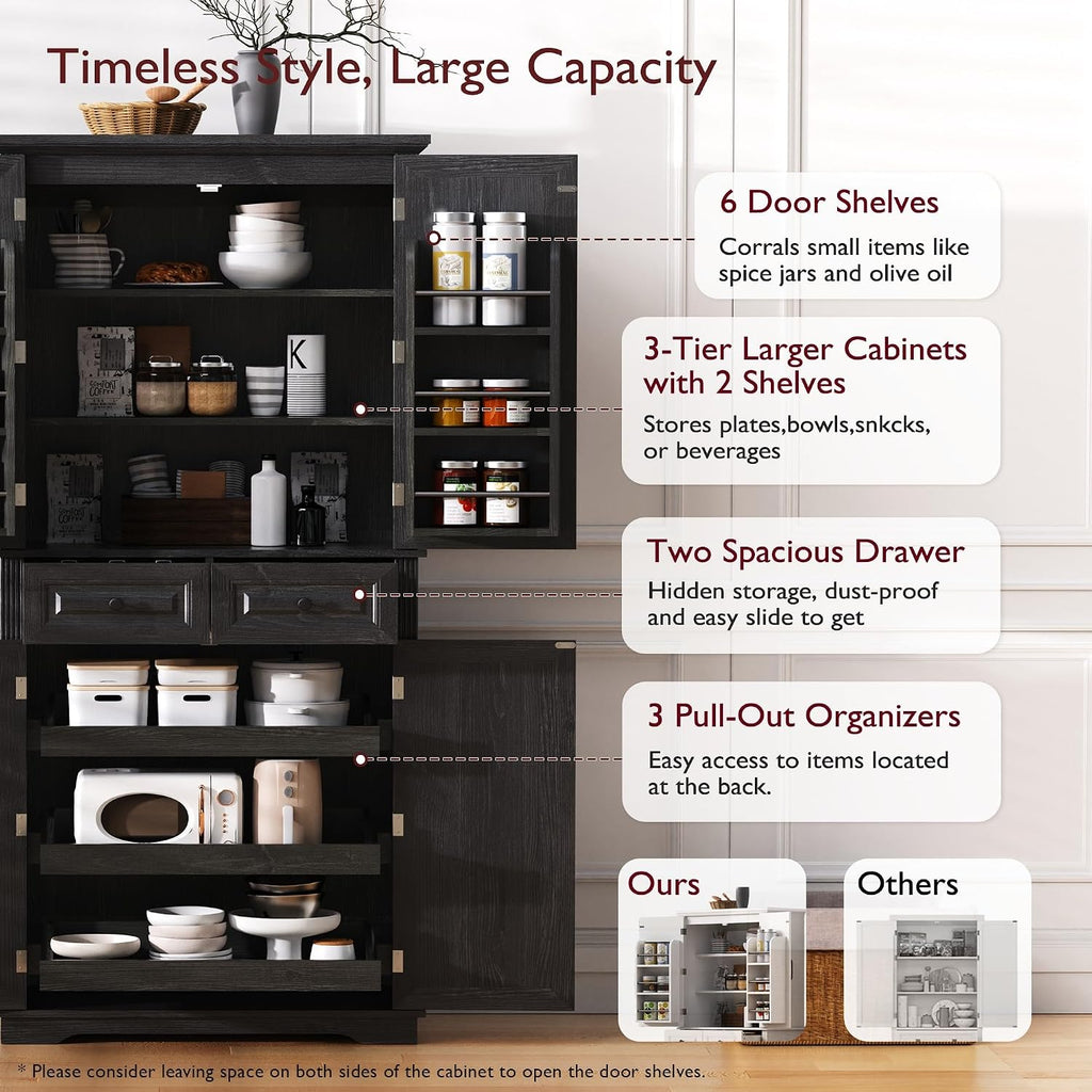 71" Tall Kitchen Pantry Cabinet with 3 Pull Out Cabinet Organizers, Farmhouse Embossed Texture Storage Cabine with 6 Door Shelves, 2 Drawers, Freestanding Cupboard for Kitchen, Dining Room (Black)