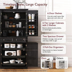 71" Tall Kitchen Pantry Cabinet with 3 Pull Out Cabinet Organizers, Farmhouse Embossed Texture Storage Cabine with 6 Door Shelves, 2 Drawers, Freestanding Cupboard for Kitchen, Dining Room (Black)