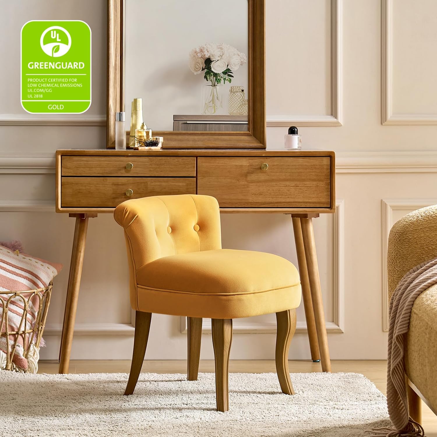 HULALA HOME Velvet Vanity Stool with Low Back, Mustard | Small Modern Vanity Chair with Solid Wood Legs for Women Girls, Bedroom, Dressing Table