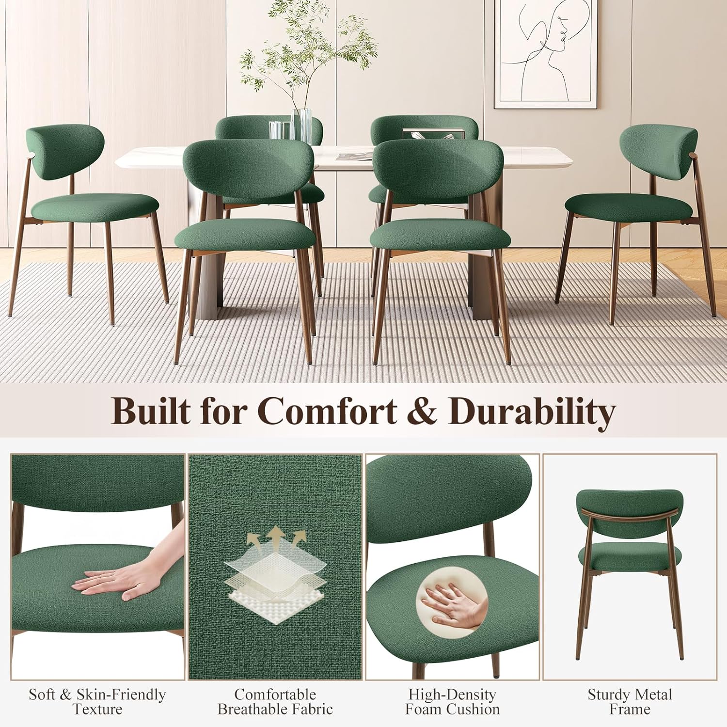 MALOL Upholstered Dining Room Chairs Set of 2, Kitchen Chairs with Metal Legs and Anti Slip Pads, Curved Back Dining Chair for Home and Restaurant Use, Green