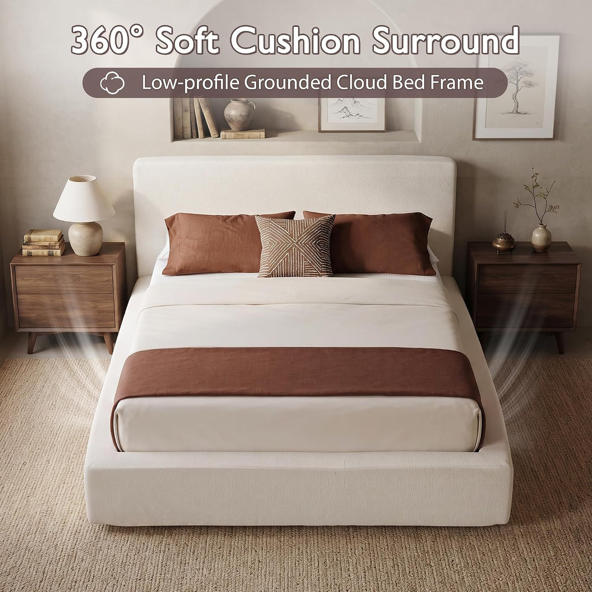 DNYN Queen Cloud Bed Frame with Cushion Headboard and 360° Foam Surround