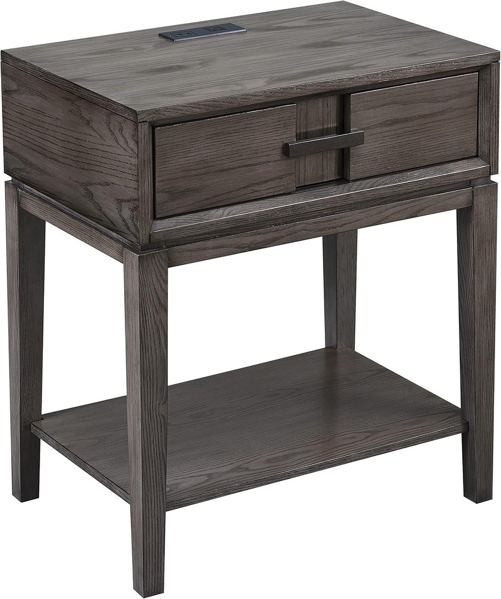 Leick Home Oak Recessed Drawer Side Table with A/C and USB Charger in Smoke Gray, 9074
