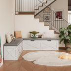 Mekminop Kitchen Breakfast Nook Bench with Cushions, L Shape Corner Storage Bench, Wood Flip-Top Dining Benches with Hidden Storage, for Reading Nook, Entryway, Cloakroom, White + Grey