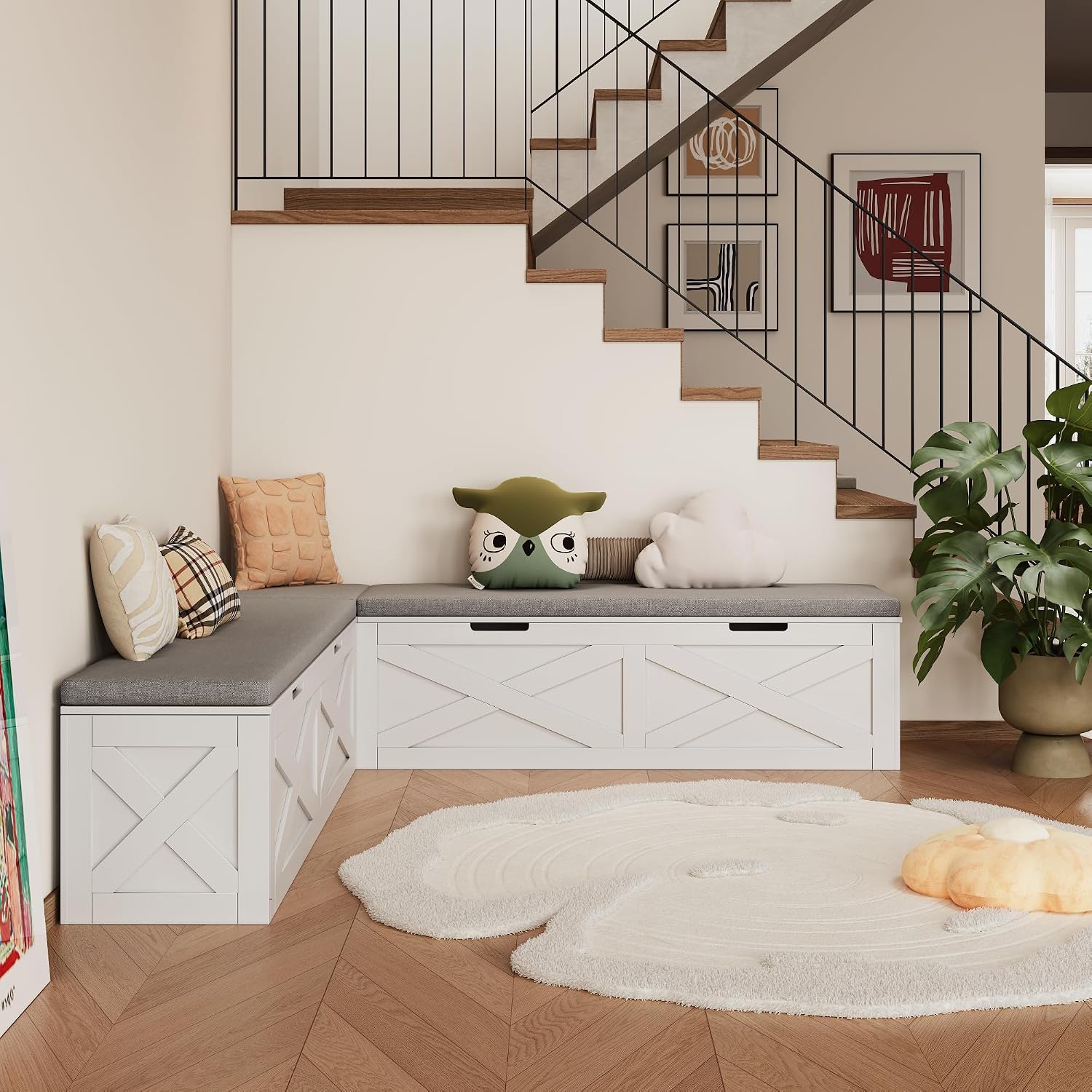 Mekminop Kitchen Breakfast Nook Bench with Cushions, L Shape Corner Storage Bench, Wood Flip-Top Dining Benches with Hidden Storage, for Reading Nook, Entryway, Cloakroom, White + Grey