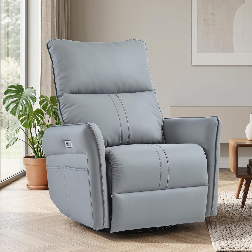 Power Swivel Rocker Recliner Chair with USB Charging Port | PU leather, 270° swivel, power recline, rocking motion, USB & Type-C ports, side pockets, 330 lb capacity, living room