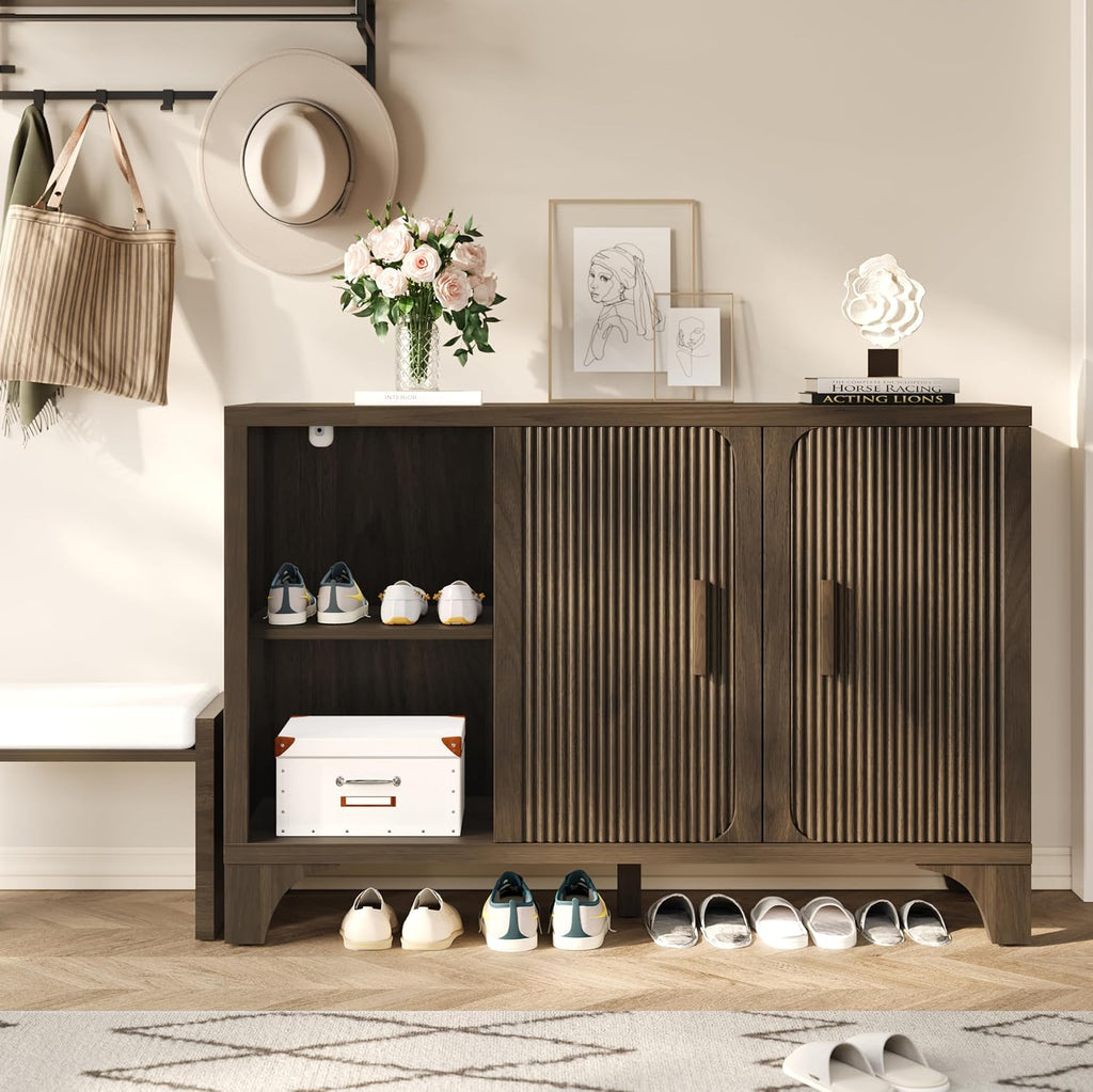 Mid Century Modern Fluted Buffet Cabinet with Storage, Accent Sideboard and Credenza Storage Cabinet with Doors, Wood Coffee Bar Console for Kitchen, Living Room (Walnut Brown, 47" 2-Door)