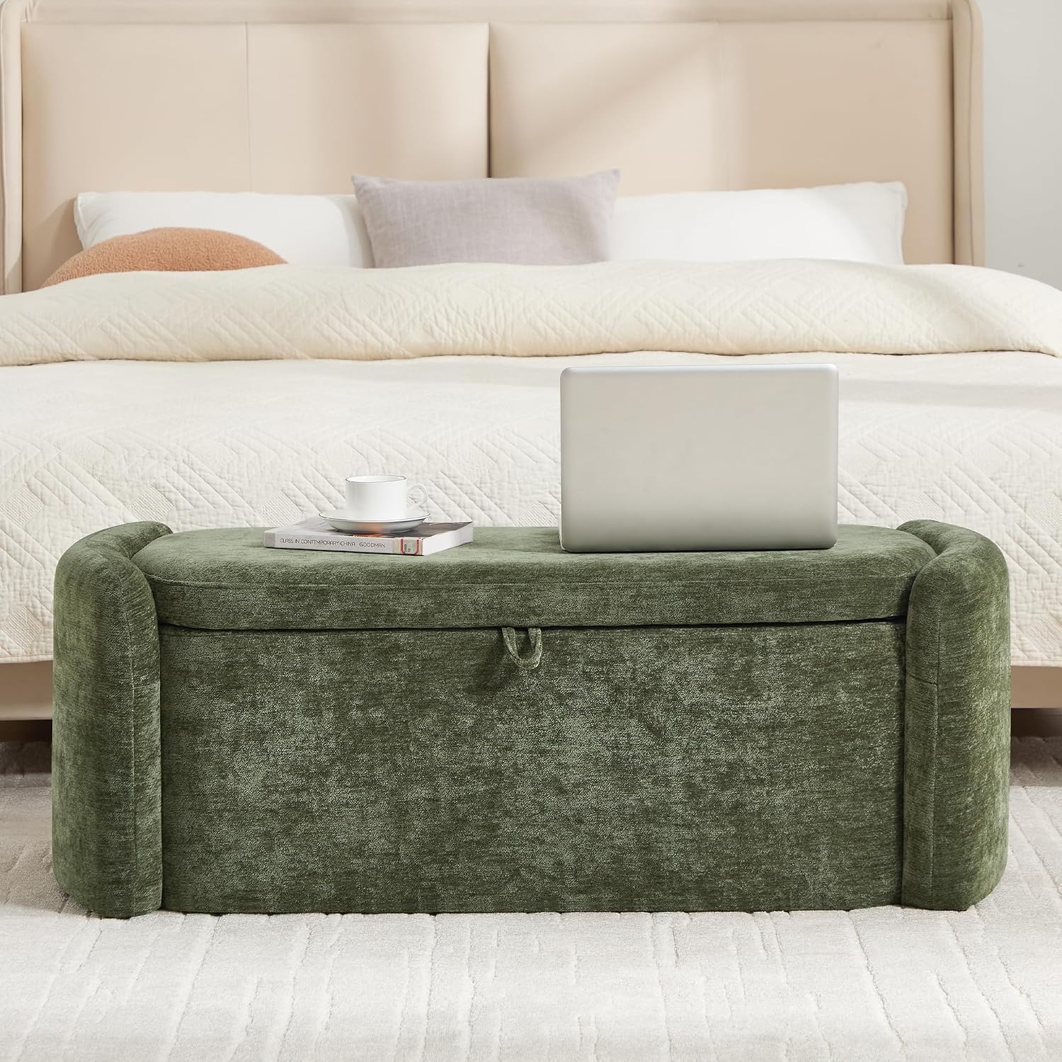 Oval Ottoman Bench with 20 Gal of Storage Space Upholstered Chenille Seat End of Bed Storage Bench Storage Ottoman with Storage for Bedroom, Living Room, Entryway, Window(Green)