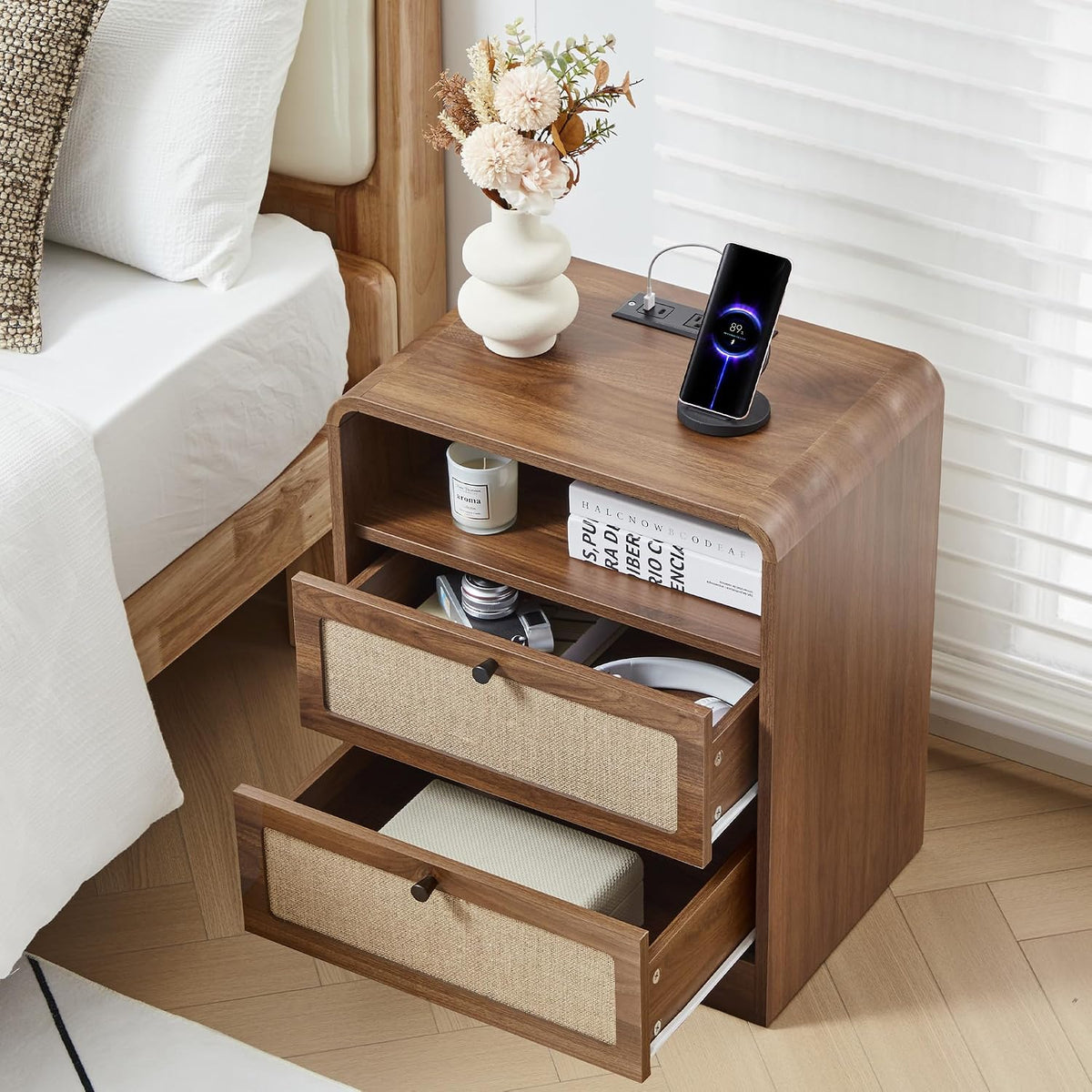 Farmhouse Nightstand with Charging Station, Night Stand with 2 Drawers, Mid-Century End Table with Linen Decor Storage for Livng Room Sofa Couch, Bedroom, Home Office 19.68"x13.77"x23.62"
