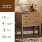 IKENO Solid Wood Nightstand with Charging Station, Wooden End Table with 2 Solid Wood Drawers, Farmhouse Style Side Table, Suitable for Bedroom, Teak