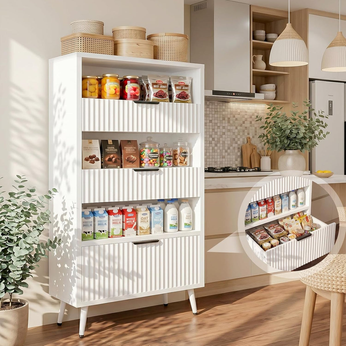 Bathroom Storage Cabinet, 51.2" H 5-Tier Freestanding Pantry Cabinet with 3 Extra-Large Drawers & Open Shelf, Fluted Floor Organizer Cupboard for Kitchen, Living Room, Anti-Tip, White