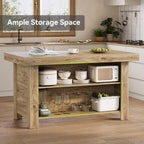 LITTLE TREE 55 Inches Kitchen Island with Storage, 3-Tier Farmhouse Wooden Stationary Island Table with Large Worktop & Leg Room, Modern Coffee Bar Table with Storage Shelf for Kitchen, Oak