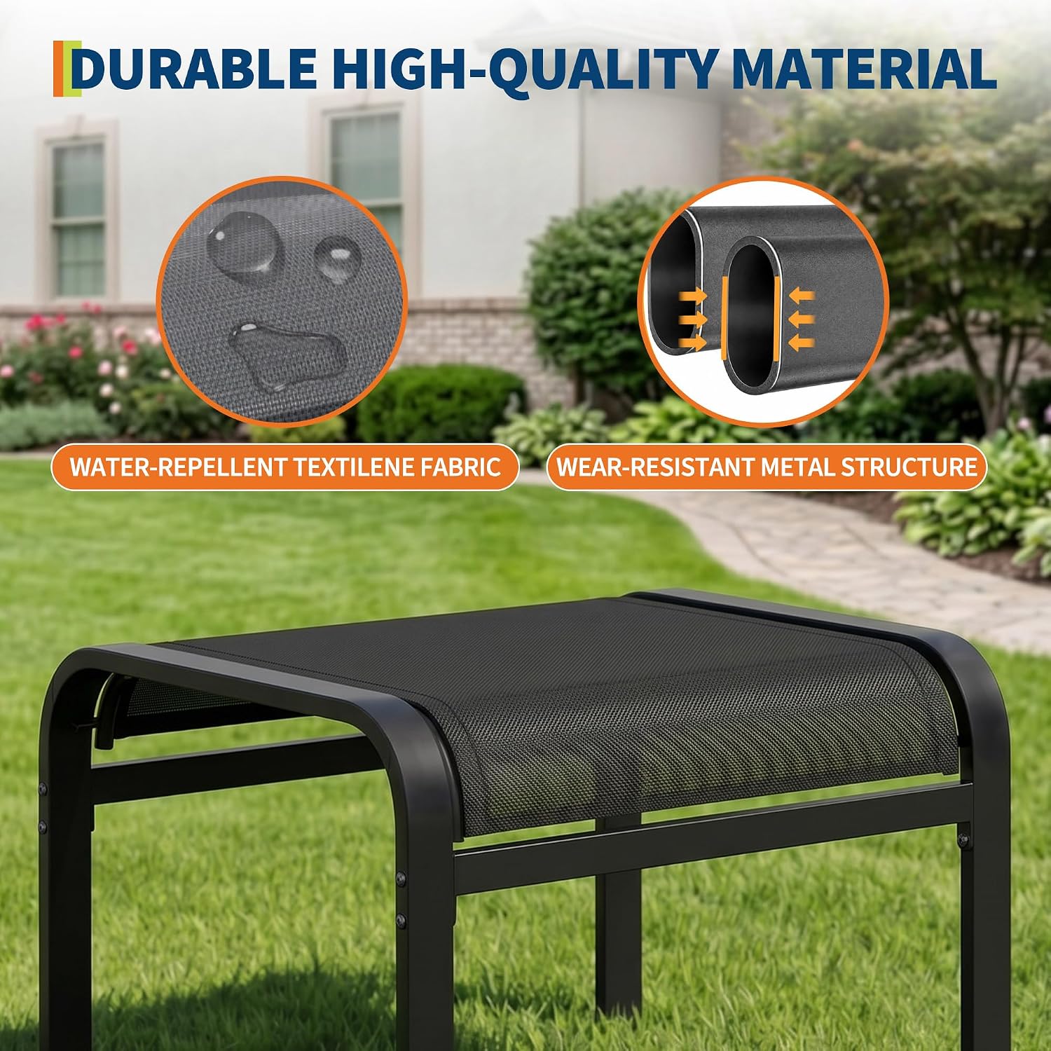 Outdoor Ottoman Set of 2, Outdoor Foot Stool with Textliene Fabric, Metal Frame, Stackable Oversized Foot Rest for Patio Garden Pool, Black