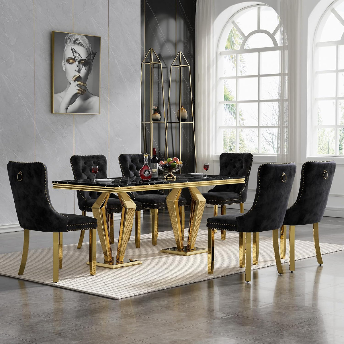 Luxury Marble Dining Table for 4 to 6, 68 inch Black Faux Marble Dining Table with Gold Stainless Steel Diamond Shaped Base, Modern Rectangle Kitchen Dining Room Table for Family Dinner Party
