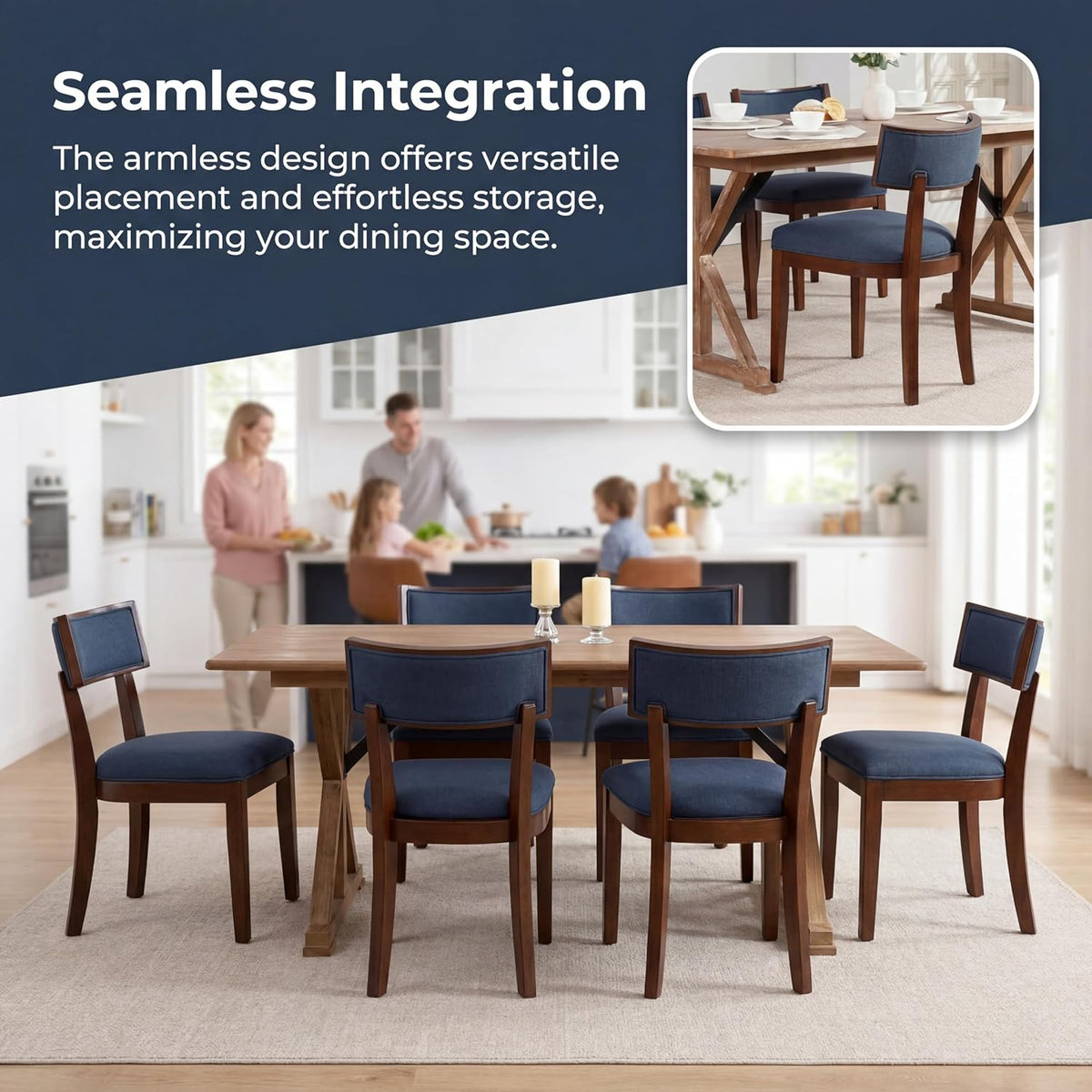 Blue Dining Chairs Set of 6, Upholstered Linen Fabric Dining Room Chairs with Curved Backrest, Armless Solid Wood Farmhouse Kitchen Side Chairs for Dining/Living Room, Blue