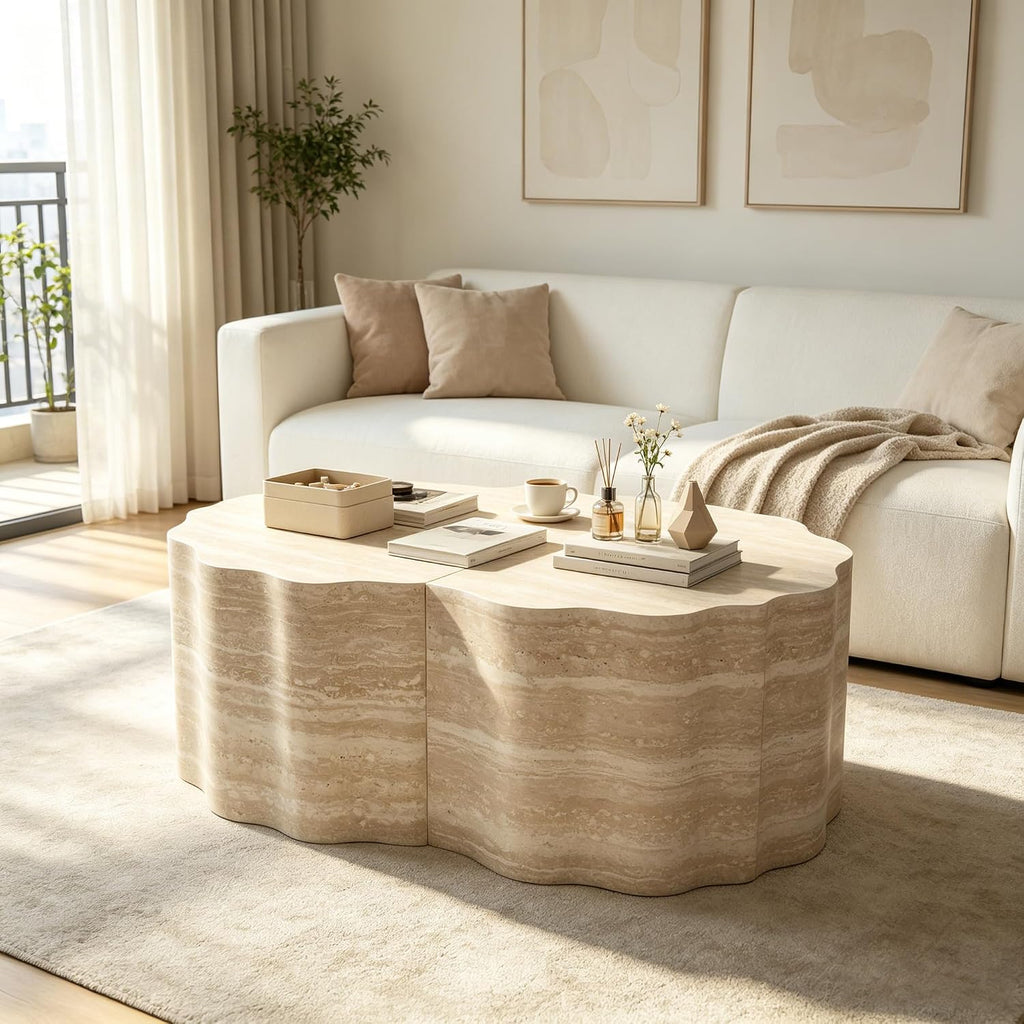 40" Nesting Set Living Room Coffee Tables, Accent Tea Table with Wooden Frame, Center Table Pre-Assembled for Apartment Balcony and Office Spaces, Beige