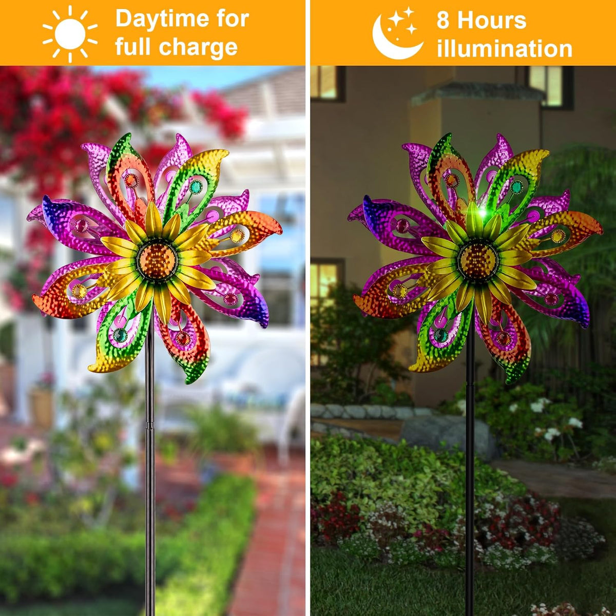 Solar Wind Spinners Outdoor with Lights Sunflower Garden Outdoor Decor Yard Lawn Art Decor for Patio Kinetic Windmills Unique Gifts for Friends and Family 60.63'' H x 13.38'' Dia 360° Rotation