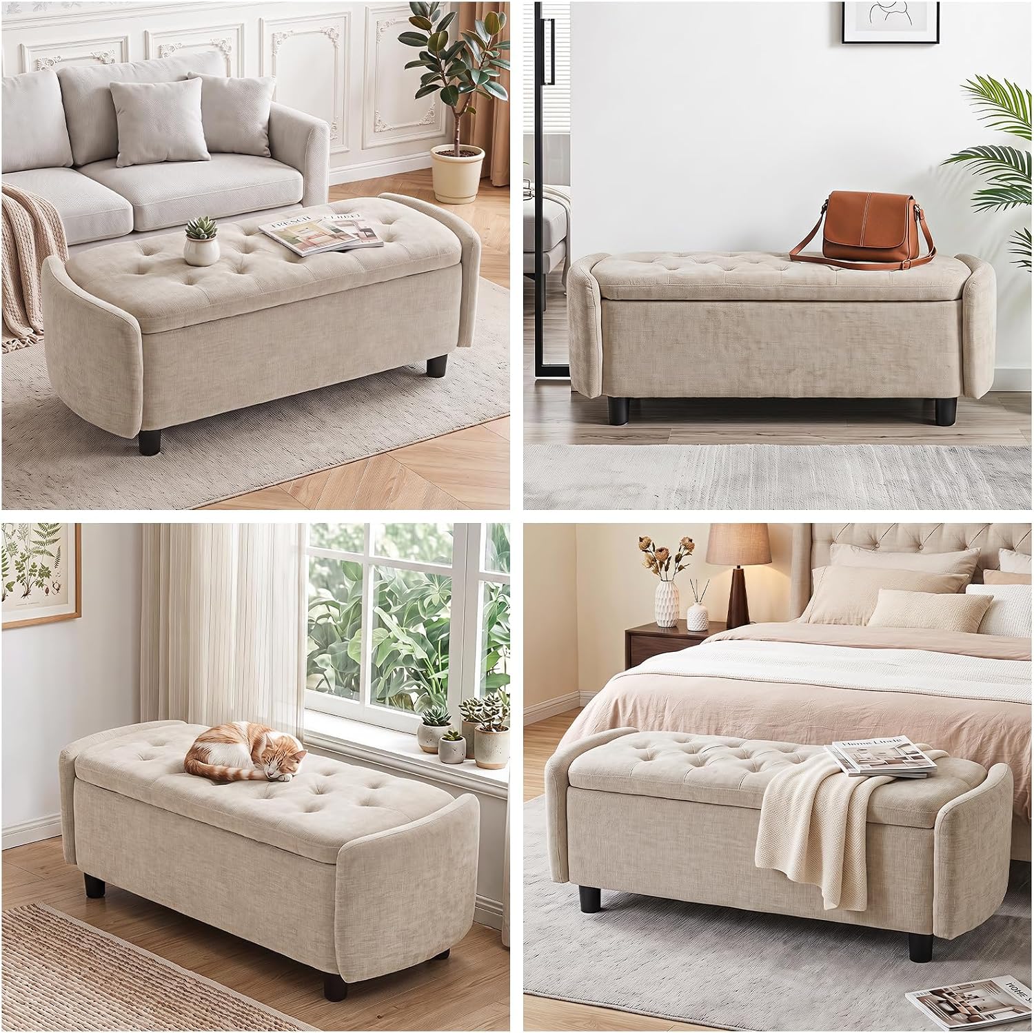 Furniliving 46.5‘’ Chenille Storage Bench, Button-Tufted Upholstered Storage Ottoman Bench with Safety Hinge, End of Bed Bench for Bedroom Entryway Living Room, Camel