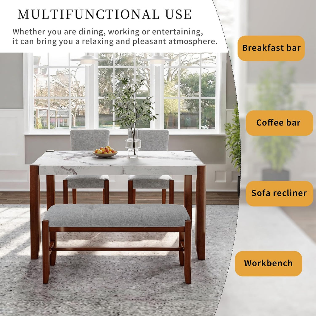 Merax 4 Piece Dining Table Set, Faux Marble Table and 2 Upholstered Chairs 1 Bench, 4 Person Dinette Set for Kitchen, Dining Room, Space-Saving, Gray