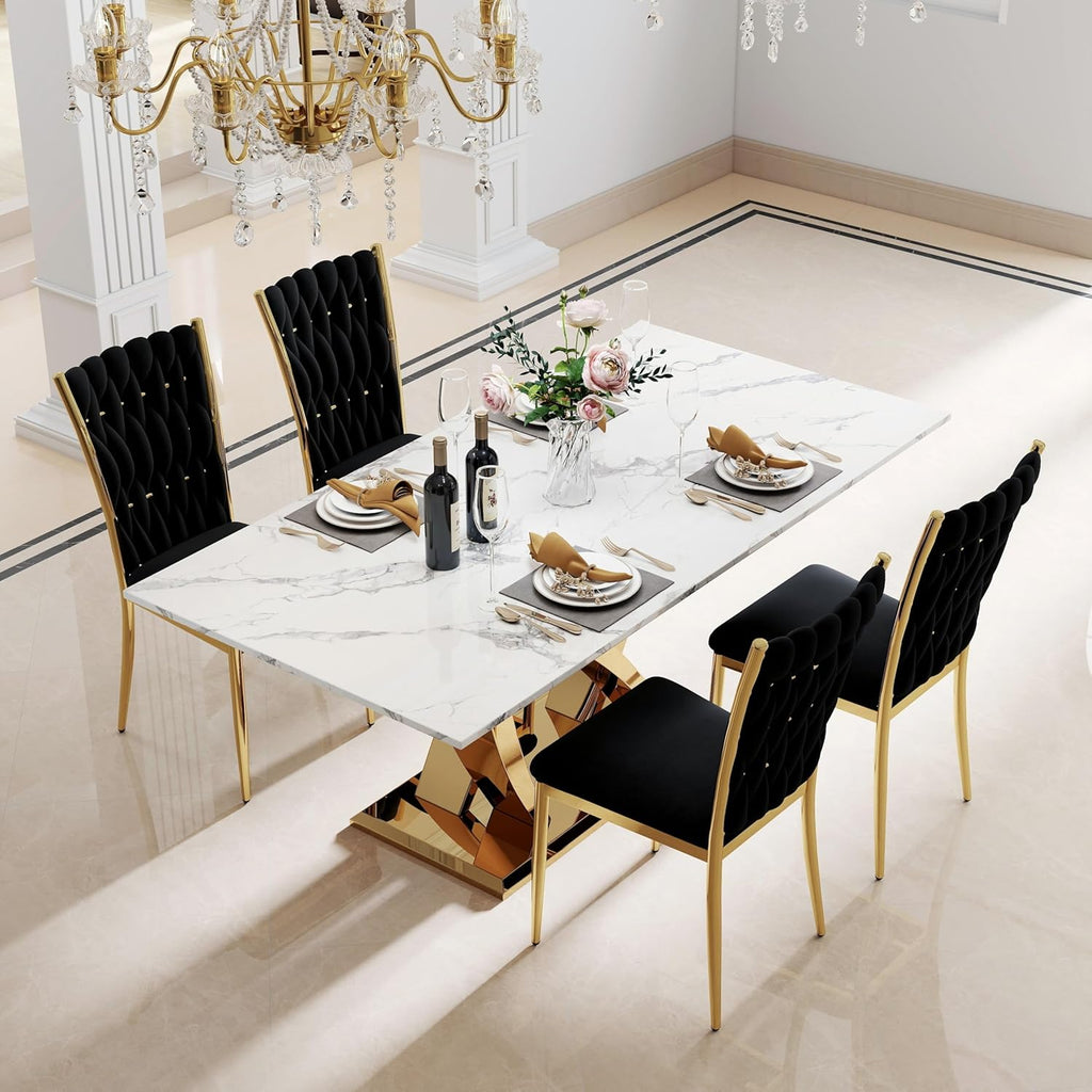 Modern Dining Chairs Set of 4, Black Velvet Woven Kitchen Chair with Golden Metal Legs, Upholstered Cushion & High Back Design, Mid-Century Dining Chairs for Kitchen, Living Room