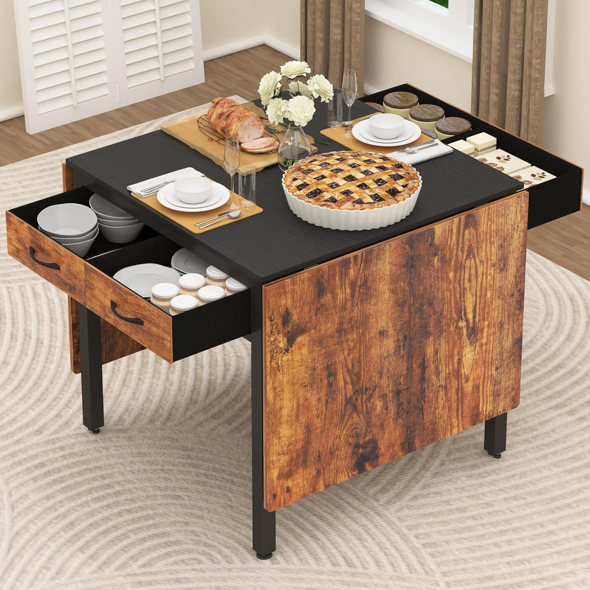 Folding Dining Table,Dining Room Table with Drawers,Industrial Extendable Table for 6-8 People,for Dining Room,Living Room,Restaurant,Saving Space